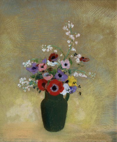 Grote groene vaas met gemengde bloemen door Odilon Redon